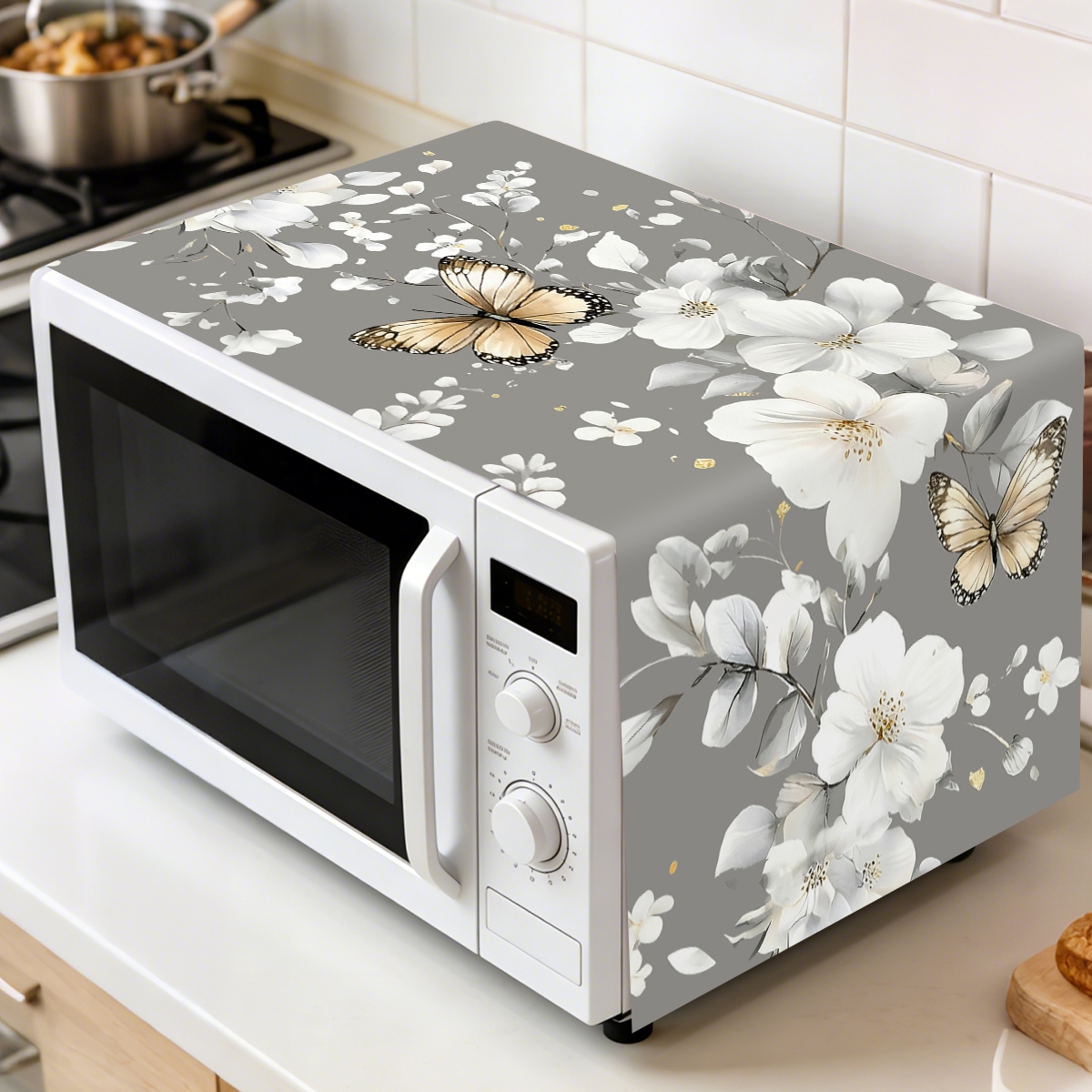 Kitchen Appliances Design - 1 Stück Weiße Blumen-Mikrowellen-Staubschutzhülle 35x85cm Schmetterlings-Design